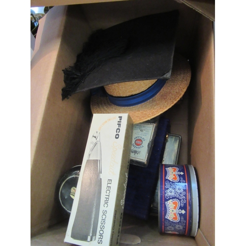 1189 - Two boxes containing plated flatware and domestic bygone items to include a vintage straw boater, a ... 