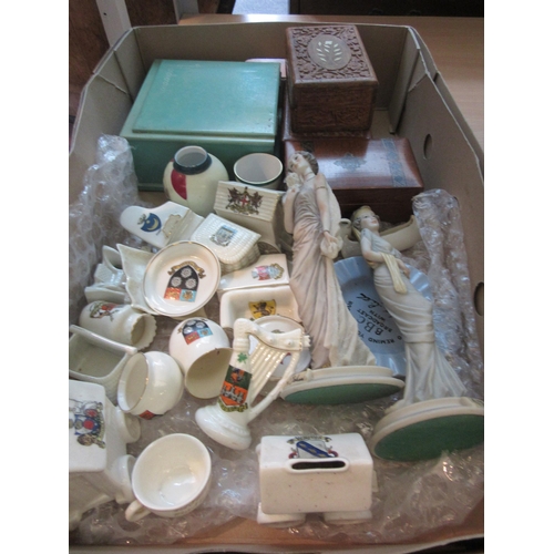 1190 - A box of crested china, wooden boxes and two resin figures in their drapery