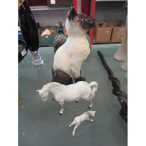 1207 - Three Beswick figures, a large Siamese Cat 2139, 35cm tall, a white/grey horse (slight chip to ear) ... 