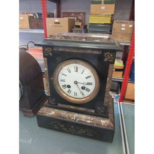 1216 - A Victorian black slate and marble mantel clock with Roman numerated enamel dial, enamel a/f