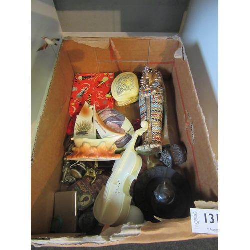 1319 - A box of miscellaneous, to include: miniature mandoline, early plastic violin lighters, hardstone ca... 