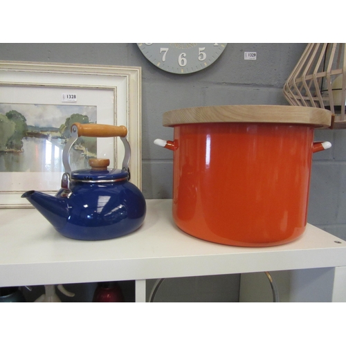 1332 - A large LSA enamel pot (30cm diameter) with wooden drainer cover and a blue enamel stove top kettle