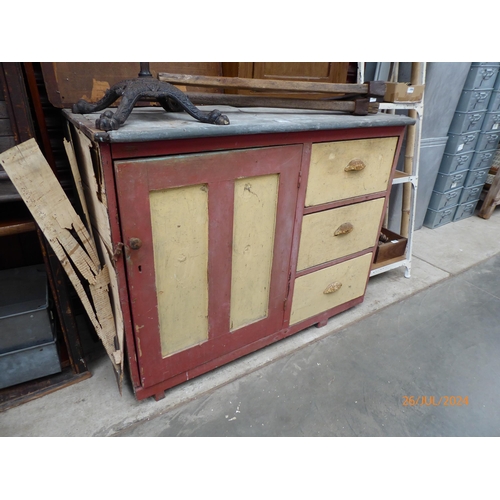 2049 - A Victorian painted pine dresser base, metal top