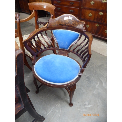 2205 - An Edwardian mahogany bedroom chair, marquetry inlay, slatted back, blue velour upholstered penny se... 