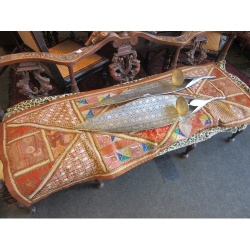 1026 - A pair of pierced metal wall candle holders and an Indian embroidered runner/rug