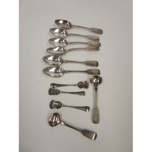 1434 - A set of six EPNS teaspoons, a similar pair of salt spoons and three silver shovel form salt spoons,... 