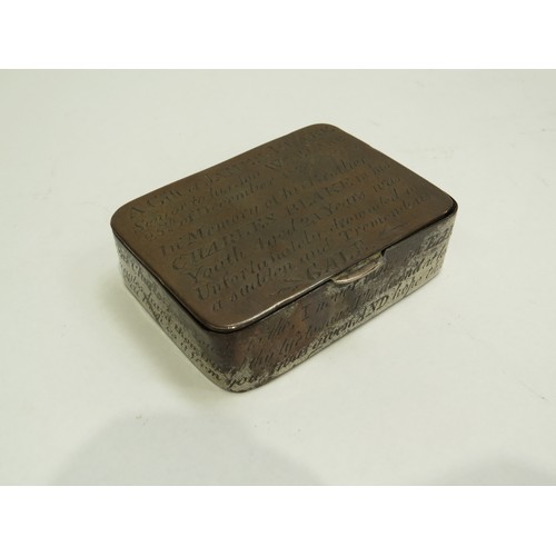 6722 - A 19th Century commemorative snuff box with all over engraved writing 'In memory of Charles Blake dr... 