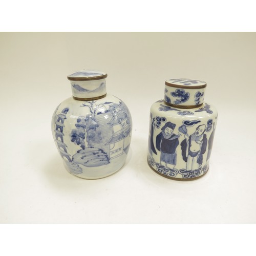 6700 - Two blue and white Oriental porcelain tea caddies, both with four character marks to base