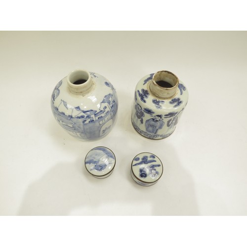 6700 - Two blue and white Oriental porcelain tea caddies, both with four character marks to base