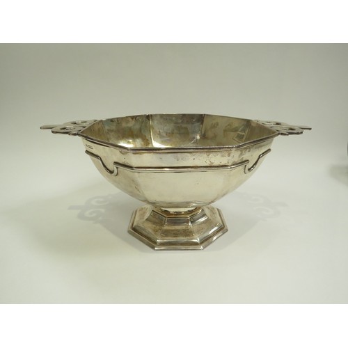 6691 - A Robert and Belk silver octagonal shape pedestal bowl with scroll handles, Sheffield, date letter r... 