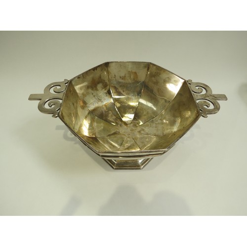 6691 - A Robert and Belk silver octagonal shape pedestal bowl with scroll handles, Sheffield, date letter r... 