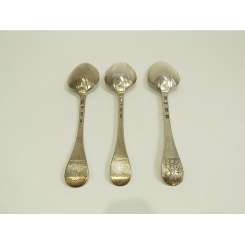 6681 - Three 18th Century silver tablespoons, makers mark ALT, Edinburgh 1763, with Elephant and Castle cre... 