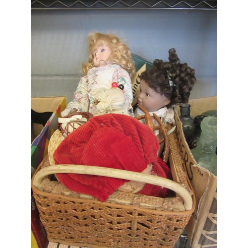 1449 - A basket of miscellaneous toys to include two 20th Century dolls and teddy. A box of Dunlop tennis b... 