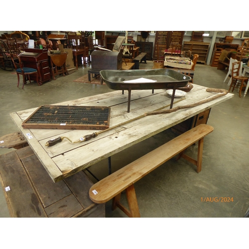 2004 - A washed pine refrectory table on iron tresle supports 98 x 240cm