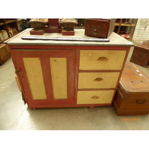 2049 - A Victorian painted pine dresser base, metal top