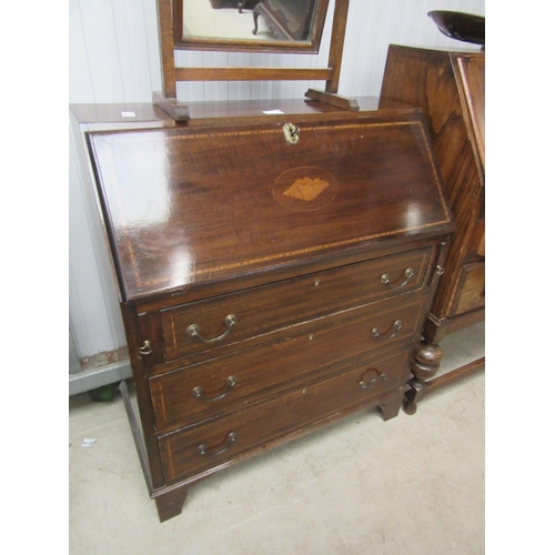 2165 - An Edwardian bureau, the fall front with central shell marquetry cartouche, three long drawers to fr... 