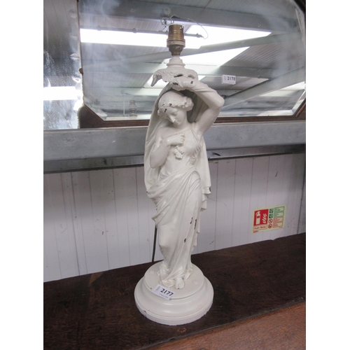 2177 - A painted metal lamp of a lady in cloak