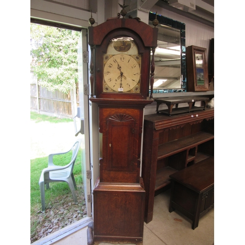 2181 - A Georgian oak and mahogany grandfather clock with weight and pendulum