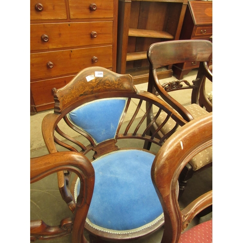 2205 - An Edwardian mahogany bedroom chair, marquetry inlay, slatted back, blue velour upholstered penny se... 