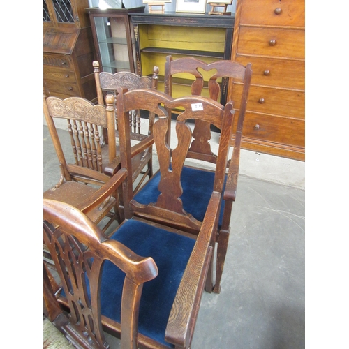 2211 - A pair of oak dining chairs, pierced splats + blue velvet upholstery