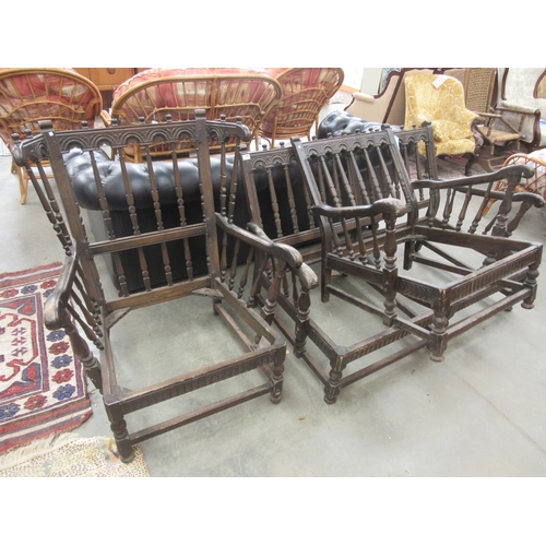 2351 - A Gothic oak settie frame and two arm chairs