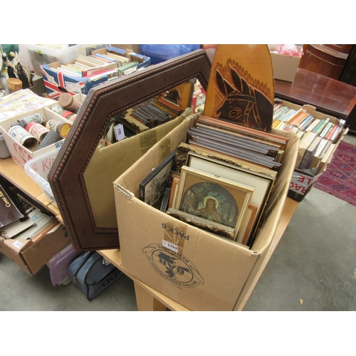 2394 - A box of pictures and prints, oak mirror and horse plaque