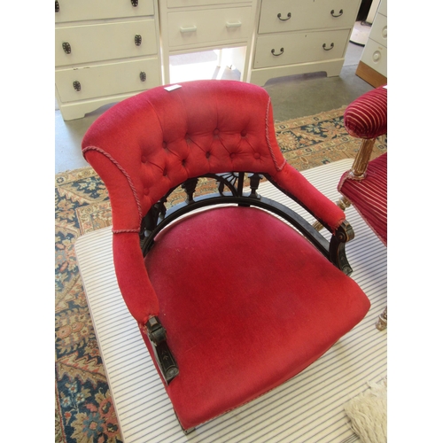 2458 - A Victorian ebonised tub chair, upholstered in red velour and a Victorian dining chair (2)