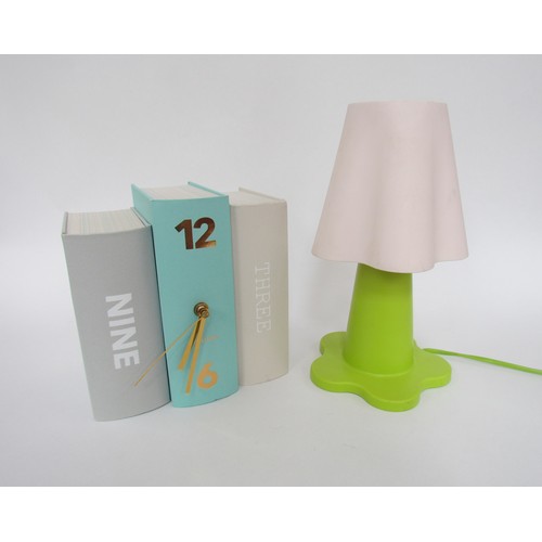 4070 - A Karlsson Danish book form design clock, 20cm x 20cm and an Ikea Green plastic lamp, 28cm high