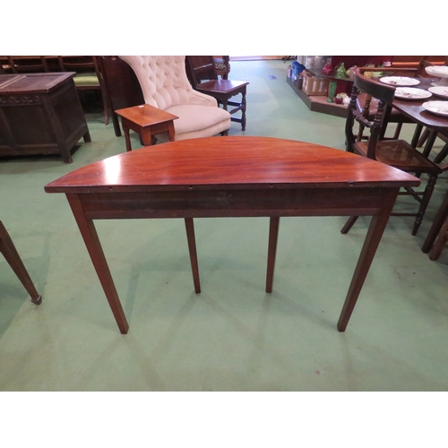 4105 - A Georgian style inlaid flame mahogany narrow demi-lune side table on reeded legs, 74cm tall x 103cm... 