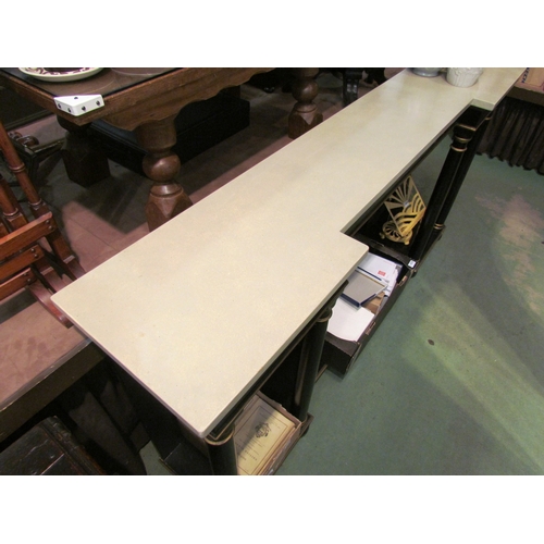 4231 - An Empire style ebonised and gilded breakfront console table, the marble style top over turned pilla... 