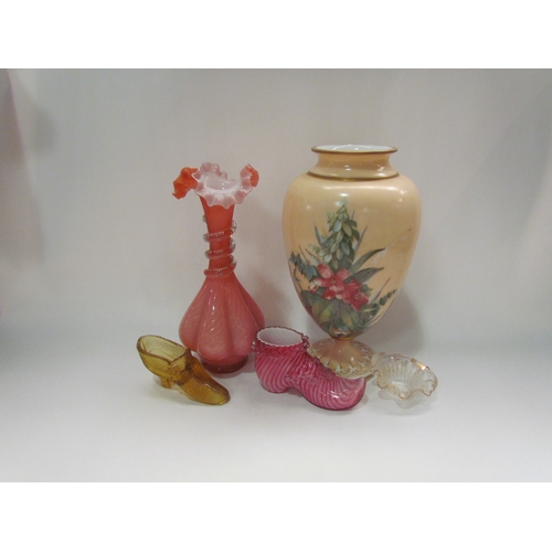 4280 - A Victorian pink over opaque baluster form vase with clear swirl. A similar design shoe,  Victorian ... 