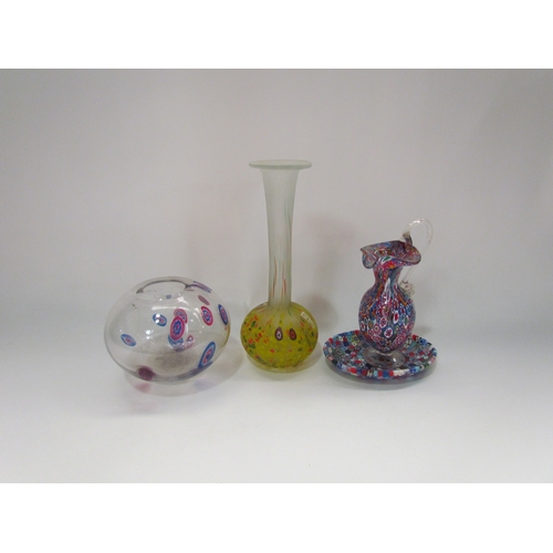 4299 - A Mdina millefiori vase, miniature jug and oval tray together with a similar spherical vase (4)