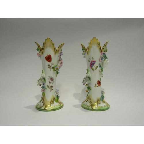 4356 - A pair of Victorian vases hand-painted and encrusted with flowers, gilt embellishment, 17cm tall