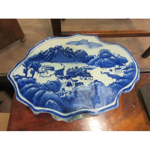 4008 - A modern Chinese blue and white jardiniere stand with rural village detailing, 23cm tall