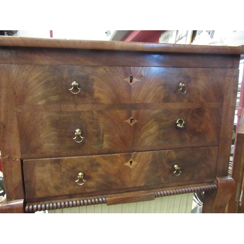 4009 - A George III flame mahogany work/sewing table with crossbanded decoration, the rising top and lift-o... 