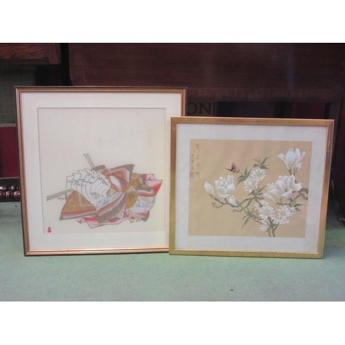 4022 - Two Oriental prints, butterfly among flowers, 30cm x 36cm image size, and a Geisha girl, 39cm x 38cm... 