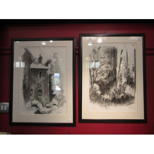 4027 - JOHN LIDZEY (1935-2009): Two charcoal studies, exterior scenes of the artist's house.  Pencil signed... 