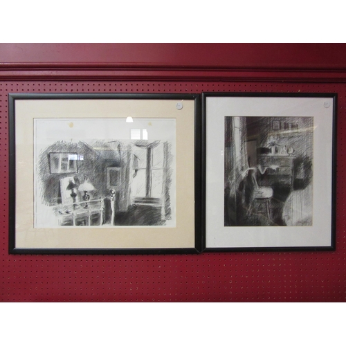 4042 - JOHN LIDZEY (1945-2009): Two charcoal studies depicting interior scenes of the artist's house.  One ... 