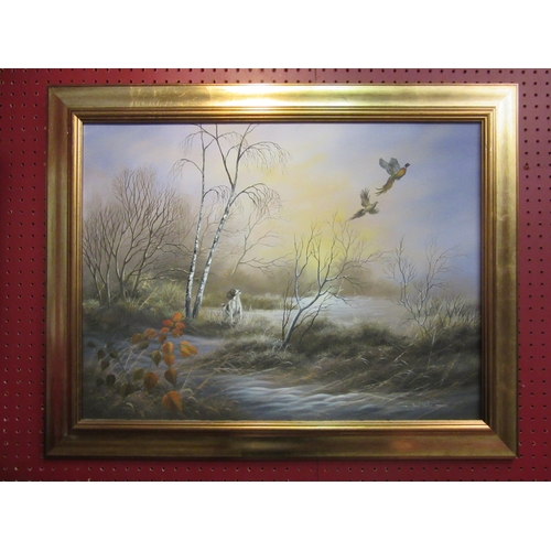 4049 - DAVID WALLER: An oil on canvas depicting Springer Spaniel and Pheasants in winter landscape.  Signed... 