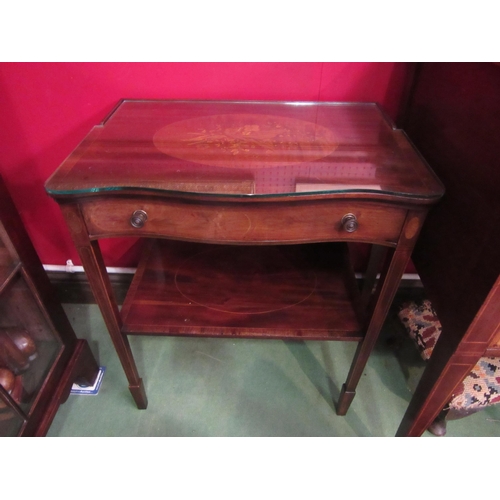 4054 - An Edwardian crossbanded mahogany serpentine front two tier side table with inlaid harebell/lily/pan... 