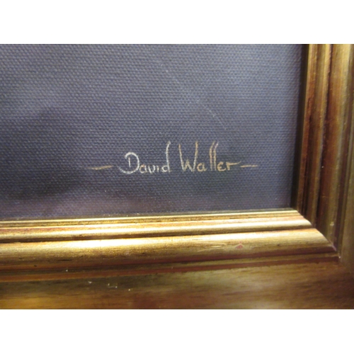 4055 - DAVID WALLER: An oil on canvas depicting Bay Horse, white blaze and socks, in full gallop.  Signed l... 