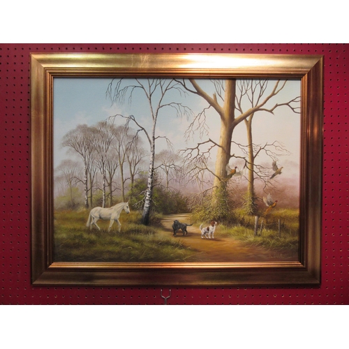 4059 - DAVID WALLER: An oil on canvas depicting rural scene, white Horse, black Labrador and Springer Spani... 