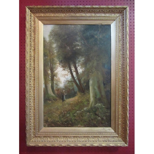 4069 - An oil on board of figure in a woodland scene, signed Williamson (?) lower right, in gilt frame, 60c... 