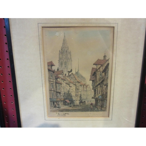 4107 - Two T.E Francis prints of Continental street scenes including Rouen, both 22cm X 16cm image sizes