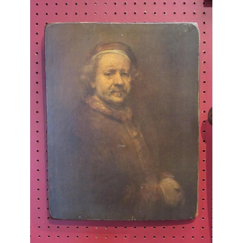 4108 - A Rembrandt self portrait print on board, 37.5cm x 29cm