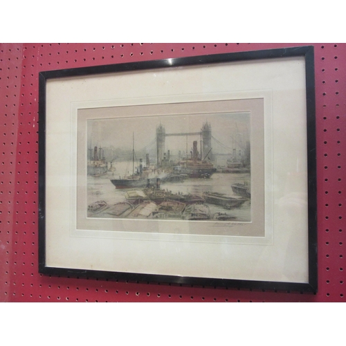 4117 - A Henry G. Walker pencil signed coloured etching of barges and ships on the Thames, framed and glaze... 