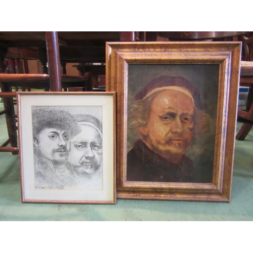 4194 - RICHARD LAKE (XX): An oil on board of Rembrandt self portrait, 38cm x 28cm image size, and a pencil ... 