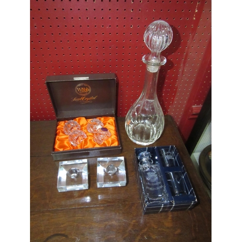 4201 - A pair of Orrefors glass candle holders, a decanter with associated stopper, cased set of four Webb ... 