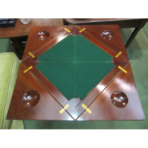 4207 - An Edwardian mahogany and satinwood strung envelope card table, single drawer, raised on square tape... 