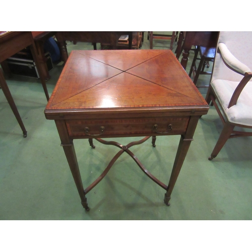 4208 - An Edwardian mahogany and satinwood crossbanded envelope card table, single drawer, raised on square... 